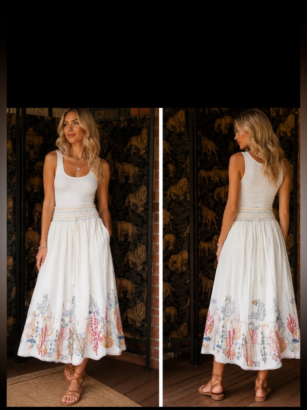 White Embroidered Maxi Skirt with Ocean Motif